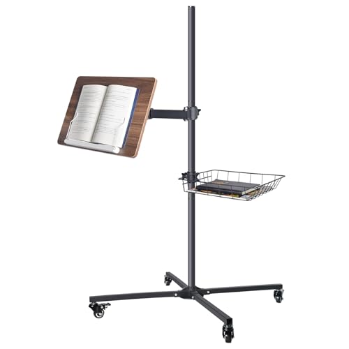 Mobile Book Stand with Storage Basket, Height Adjustable Reading Stand with Wheels, Wood and Metal