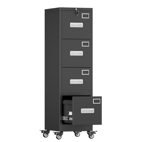 Aobabo Black 4-Drawer Metal File Cabinet with Lock & Wheels, Office Storage