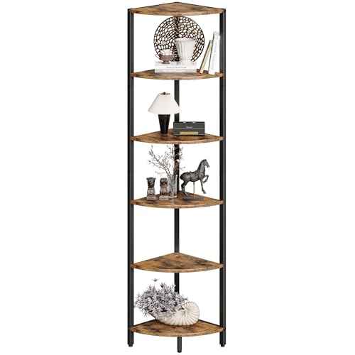 6 Tier Corner Shelf 63.1" Tall Corner Shelves stand Ladder shelf metal Standing Bookshelf Organizer Display Rack Bookcase Plant Stand Industrial style for Living Room Bedroom rustic Brown CS-001RB