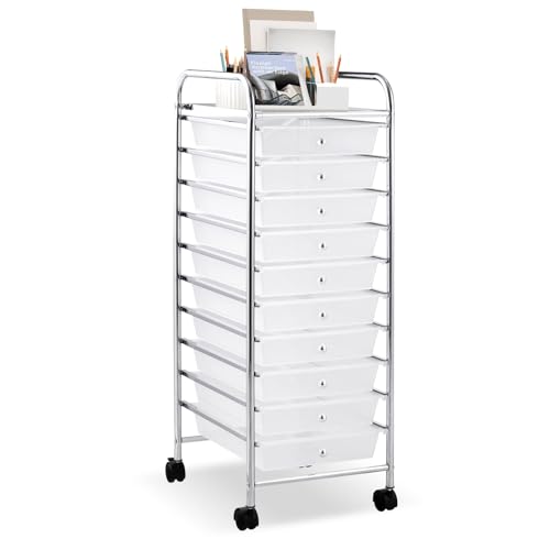LDAILY Rolling Cart with Drawers, 10-Drawer Classroom Storage - Clear