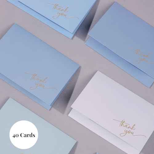 Gold Foil Thank You Cards - Bulk Pack of 40, 5x3.5 Inch with Matching Stickers & Envelopes (Blue) Textured Surface for a Unique Feel - Suitable for Baby Shower, Wedding, Small Business, Graduation