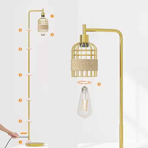 Oneach 66" Gold Floor Lamp for Living Room, Industrial Floor Lamp with LED Buld, Rattan Shade, Foot Switch, Minimalist Farmhouse Tall Standing Lamp for Bedroom, Office, Study Room