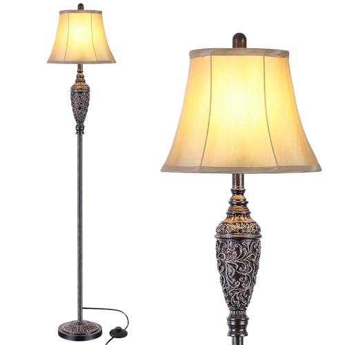 65¡¯¡¯ Vintage Floor Lamp for Living Room, Traditional Standing Lamp with Carved Resin Base and Foot Switch, Classic Farmhouse Tall Pole Lamp, Bedroom, Office, Bronze Finish