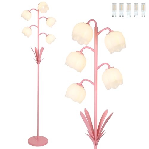 Pink Flower Floor Lamps for Living Room, Modern Floor Lamp with 5 LED Bulbs, Adjustable Standing Lamps for Bedroom Girls Room, Dresser, Kid's Room, Corner Tall Lamp Ambient Lighting for Home Decor