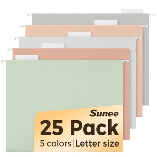 SUNEE Pastel Colors Hanging File Folders - Letter Size, 25 Pack with Tabs
