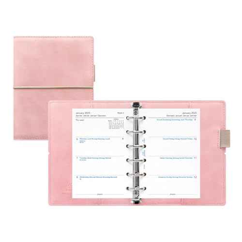 Filofax Domino Soft Organizer, Pocket Size, Pale Pink - Smooth, Leather-Look, Grain Effect, Tactile, Six Rings, Week-to-View Calendar Diary, Multilingual, 2025 (C022581-25)