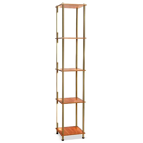 Brightech Aria Metal & Wooden Shelf Floor Lamp with Wireless Charging Station? Narrow Free Standing Nightstand LED Lamp ? Column Tower Stand Up Lighting for Living Rooms & Bedrooms ? Gold/Brass