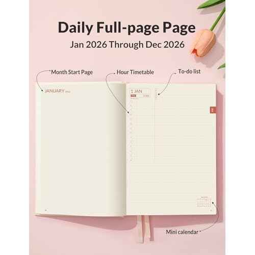 SUNEE 2026 Daily Planner A5 Hardcover ? Hourly Schedule Organizer with Monthly Tabs & Task Tracker ? Beige Cover Time Management Notebook for Work, School, Personal Goals