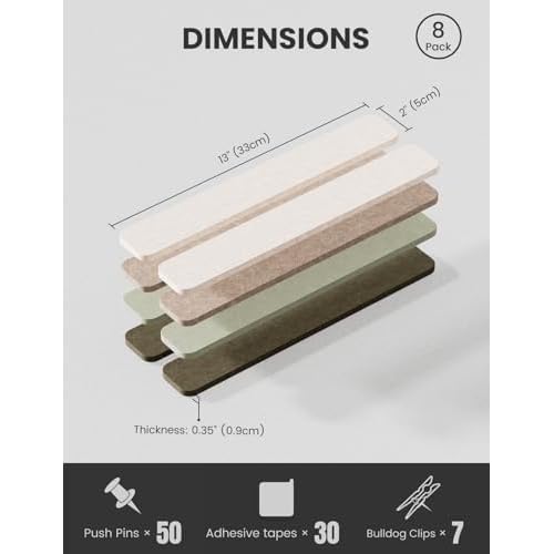 Cork Board Alternative Felt Strip Board 8-Pack 13"x2", Office Pin Board with 50 Push Pins, Adhesive Install for Bedroom Door & Home Office(Linen Dusk)