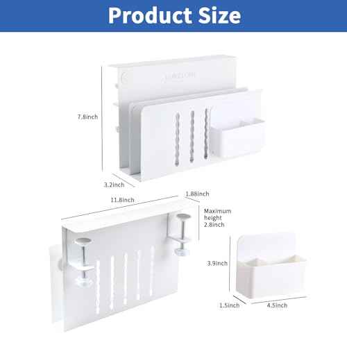 LUKETURE Desk Side Storage, 2 Tier Steel Side Desk Organizer, No Drill Laptop Holder, Clamp on Laptop Mount with Pen Holder, Fits Flat Edge Tables 0.3" to 2.8" (White, L(2 Tier))