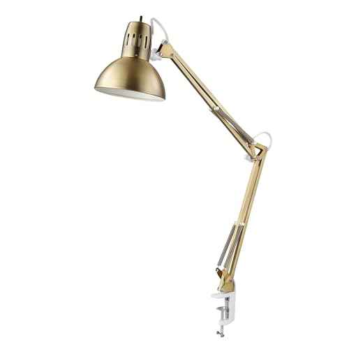 GLOBE Electric 62000010 32" Multi-Joint Desk Lamp with Metal Clamp, Matte Brass, White Accents, On/Off Rotary Switch on Shade, Partially Adjustable Swing Arm, Home D?cor, Office Accessory