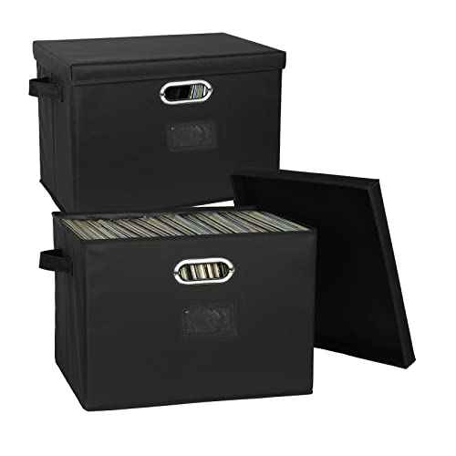 12-Inch Vinyl Record Storage Boxes with Lids and Handles, Stylish and Practical LP Record Organizer for 100+ Single Records, Suitable for Living Room, Study, Concert Hall or Office (17"-2 Pack-Fabric,