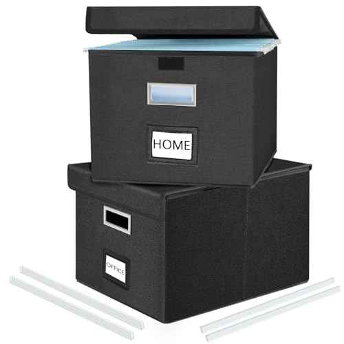 Huolewa File Organizer Boxes with Lids, Collapsible Linen Hanging Filing & Storage Boxes with Plastic Slide for Office/Decor/Home, Filling System for File/Folders/Document Storage -2 Pack