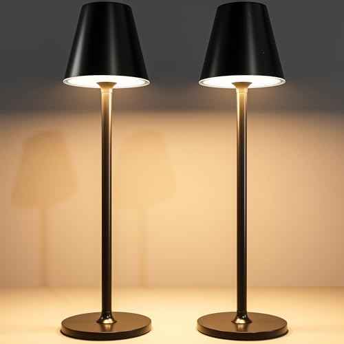 2 Pack LED CordlessTable Lamp,4000mAh Rechargeable Battery Desk lamp,3 Level Brightness Night Light,Minimalist Design, for Couple Dinner/Coffee Table/Restaurant/Bedroom(Black 2pack)