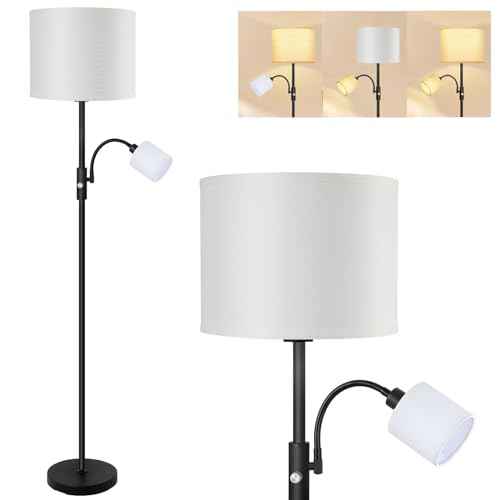 Floor Lamps Standing Lamp, Bright Stand up Lamp with Reading Light, White Lampshade, 62" Tall, 3-Way Rotary Switch, Black Corner Light for Bedroom Office, Modern Living Room Decor(LED Bulbs Included)