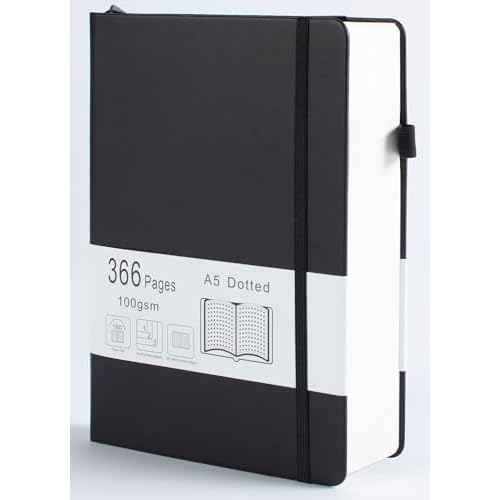 Thick Bullet Dotted Journal with 366 Numbered Pages, A5 Journal for Writing with 100GSM Dot Grid Paper, Hardcover Leather Notebooks for Women Men School Note Taking Office Work Diary, 5.7"x8.3" Black