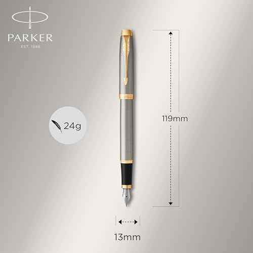 PARKER IM Fountain Pen, Brushed Metal, Fine Nib with Blue Ink Refill (1931649)
