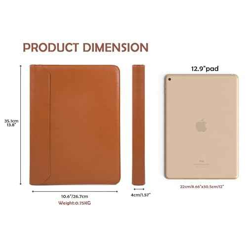 AZXCG Zipper Portfolio Padfolio Binder,3-Ring Padfolio for Women and Men,A4/Letter Size,PU Leather with iPad,Professional Organizer for Resume/Interview (Brown)
