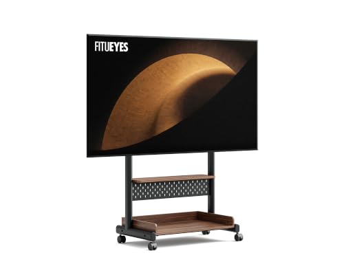 FITUEYES Walnut Rolling TV Stand Mount for 40-85in TVs with Wooden Shelf