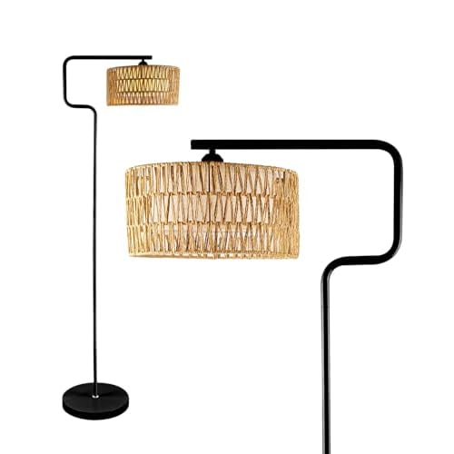 Lightdot 62IN Arc Rattan Floor Lamps for Living Room, Boho Standing Lamp with Rattan& Linen Double Lampshades, E26 3000K Soft Warm White Bohemian Caged Floor Lamp for Bedroom, Office-Black