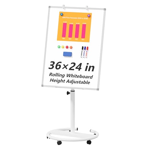 Height Adjustable Mobile Whiteboard with Circular Stand, 36x24 Inch Magnetic Dry Erase Board for Classroom & Office