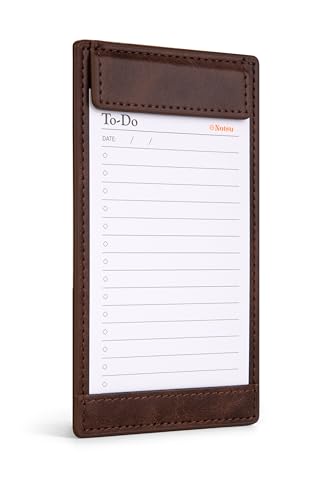 Notsu Dark Brown Vegan Leather Note Card Holder - 3x5 Inch with Magnetic Clip & Extra Pocket