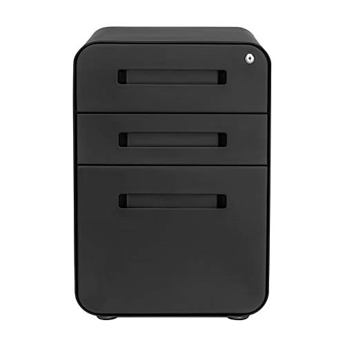 Laura Davidson Furniture Stockpile 3 Drawer File Cabinet with Lock - Under Office Desk Metal Filing Cabinet, Legal/Letter File Folders, Wheels and Stationary Feet, Pre-Assembled, Black