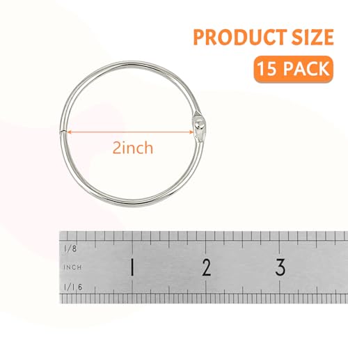 KTOJOY 2 Inch Binder Rings, 15-Pack Nickel Plated Loose-Leaf Rings for Documents, Keys, Photos