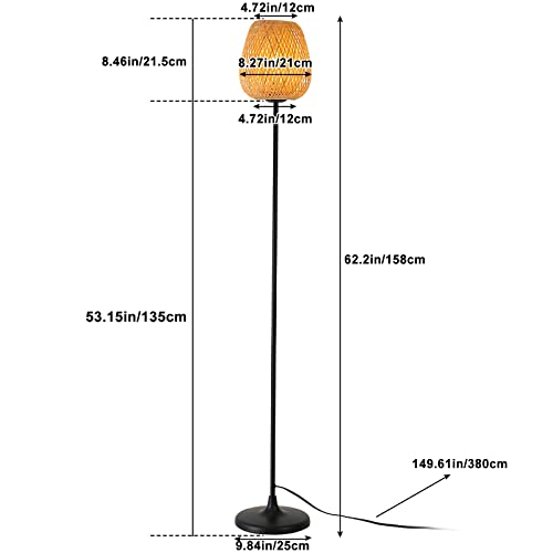 Bamboo Rattan Floor Lamp for Living Room, Boho Ambient Light Contemporary Plug in Cord Switch Standing Lamp Wicker Japanese Style E26 Lights for Bedrooms Living Room(Excluded Bulb)
