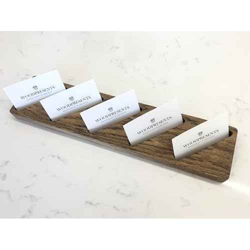 Oak Wood Multiple Business Card Holder - 5 Slot Modern Card Stand for Office Desk, Perfect Professional Card Organizer for Men and Women, Stylish and Functional Design (Dark Brown)