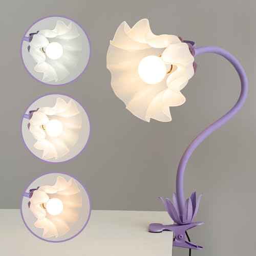 Flower Desk Lamp with Clamp - School Dorm Supplies, 3 Color Modes Flower Eye-Caring Clip on Light, Flexible Gooseneck Reading Lamps for Home College Studying Room Bedside (Purple)