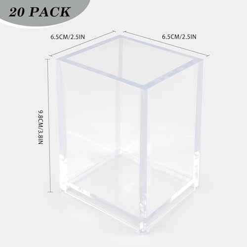20 Pack Clear Acrylic Pen Holder for Desk, Pencil Cup Makeup Brush Organizer, Square Acrylic Pencil Holders for Office School Home Supplies, Desktop Stationery Organizer for Pens Markers Brushes