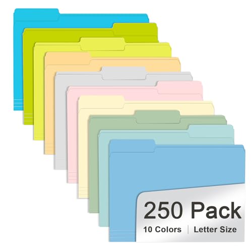 File Folder, RAZCC 250 Pack Colored File Folders, 1/3 Cut Tab File Folder Letter Size, Filing Folders with Tabs for Office School Business Use, Assorted 10 Colors
