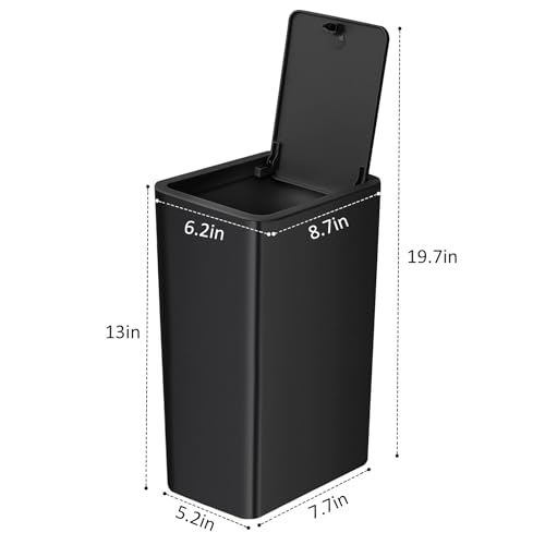 TIPGO 1 Pack Black Small Trash Can with Lid - 10L Slim Waste Basket for Kitchen, Bedroom, Office