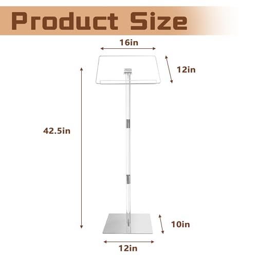 Podium Stand, Lecterns & Podiums, Acrylic Adjustable Angles with Metal Base, Podium for Church, Weddings, Classroom, Speech, 16" L x 12" W x 42.5" H (Clear)