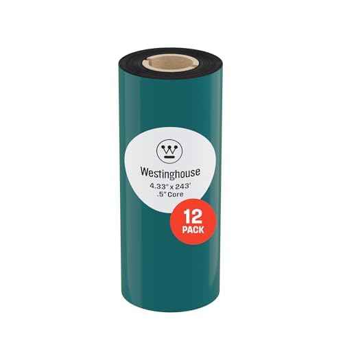Westinghouse Thermal Transfer Ribbon, 4.33" x 243', 0.5" Core, Compatible with Zebra GC420t, GK420t, GX420t, Premium Wax Resin Enhanced Ink Side Out Wax Ribbon for Thermal Printers, Black, 12 Rolls