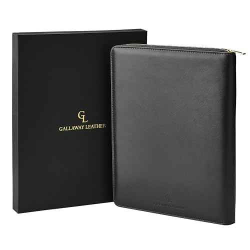 Gallaway Leather Genuine Leather Zippered Portfolio Organizer, Executive Business Binder Padfolio for Men and Women, Holder for Notebook Planner,Resume,Documents,Cards and iPad (Black)