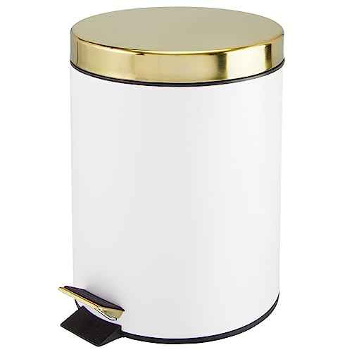 mDesign Pedal Bin ? Metal Waste Bin with Pedal, Lid and Plastic Bucket Insert ? Perfect for Bathroom, Kitchen, and Office ? Household Rubbish Bin with Ergonomic Design ? White/Gold