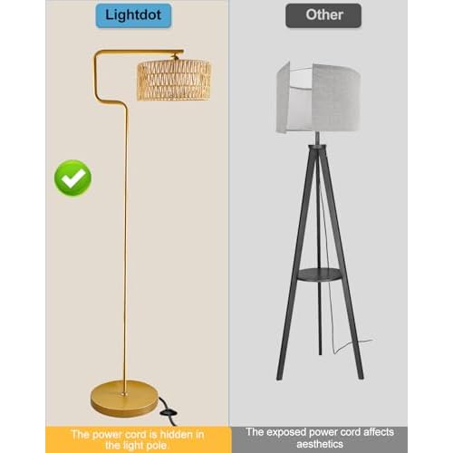 Lightdot 62IN Arc Rattan Floor Lamps for Living Room, Boho Standing Lamp with Rattan& Linen Double Lampshades, E26 3000K Soft Warm White Bohemian Caged Floor Lamp for Bedroom, Office-Gold