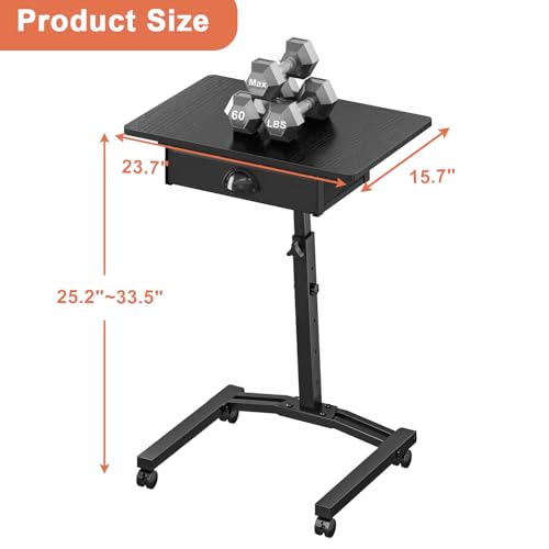 Cidaziya Black Adjustable Height Rolling Laptop Desk With Drawer for Small Spaces