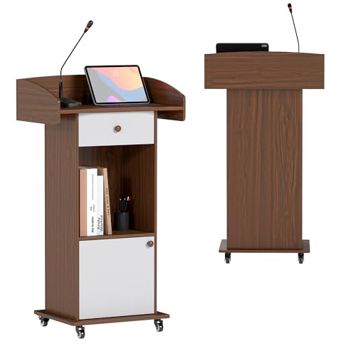 Suuiwau Portable Rolling Podium with Drawer, Cabinet & 4 Locking Wheels – Brown/White