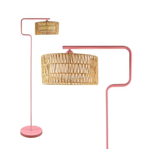 Lightdot 62IN Arc Rattan Floor Lamps for Living Room, Boho Standing Lamp with Rattan& Linen Double Lampshades, E26 3000K Soft Warm White Bohemian Caged Floor Lamp for Bedroom, Office-Pink
