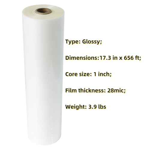 17.3 in x 656 ft Glossy Thermal Laminating Film, 1" Poly-in Core for Hot Roll Laminating Machine 28 mic Thickness