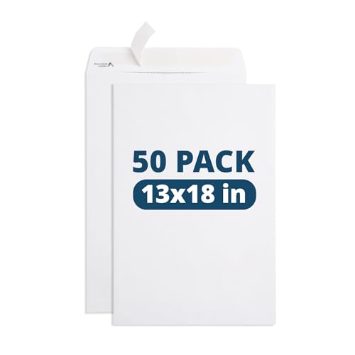 Blue Summit 50 Large Mailing Envelopes 13x18, White 13 x 18 Envelopes, Self Seal Catalog, Security Tinted for Mailing