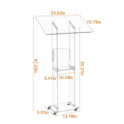 Acrylic Podium Stand 47" with Wheels - Clear Pulpit for Church, Weddings, Concerts, Classes