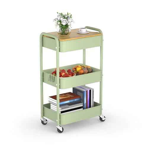 3 Tier Metal Utility Cart, Rolling Storage Cart with Wooden Tabletop, Metal Organizer Cart with Lockable Wheels for Office, Bedroom, Kitchen and Living Room (Green)