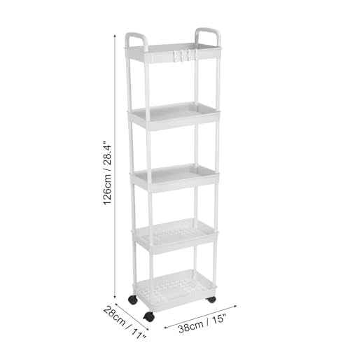 PATIKIL 5-Tier Rolling Utility Cart with Handle, Storage Shelves Organizer Cart Movable Storage Organizer with Wheels for Room Office Kitchen Bathroom, White