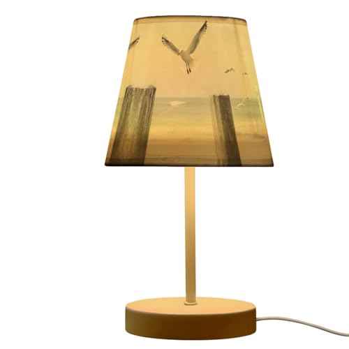 USB 3-Color Dimmable LED Table Lamp, Retro Sea Wooden Stake Flying Seagulls 10.8" High Linen Bedside Nightstand Light with USB Port Decor for Home Room Desk Nursery Bedroom Cafe