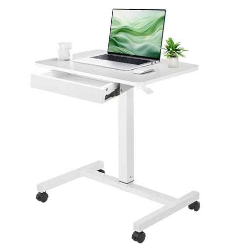CLATINA Mobile Laptop Standing Desk, Height Adjustable Teacher Podium with Lockable Wheels, Adjustable Work Table with Drawer, Computer Cart Overbed Table for Home Office Classroom, White