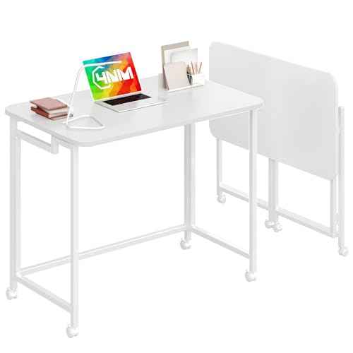 4NM 31.5" Mobile Small Rolling Computer Desk, Folding Laptop Cart Table with Wheels, Portable Office Desk for Small Space Couch Bed - All White